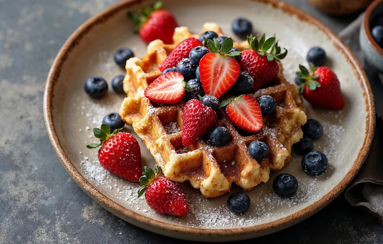 Photo wallpaper blueberries, strawberry, plate, waffles, AI art
