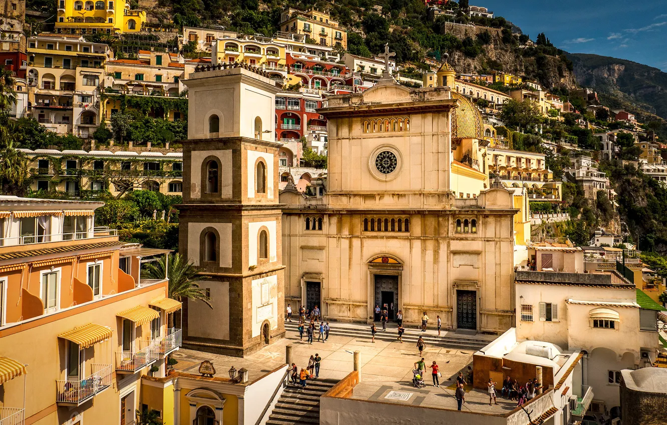 Photo wallpaper mountains, people, coast, home, Italy, temple, Sunny, Amalfi Coast