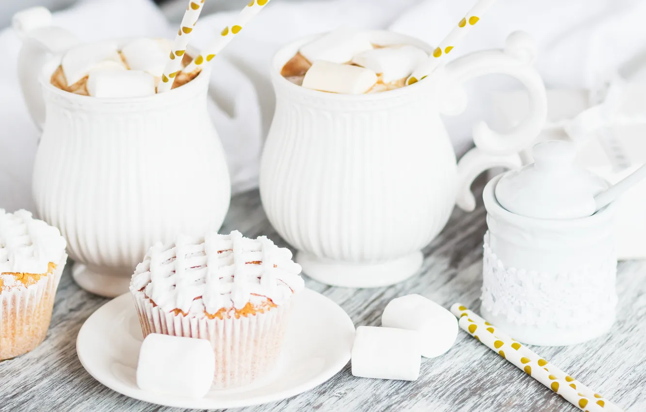 Photo wallpaper decoration, drink, cream, cakes, cupcakes, cocoa, marshmallow
