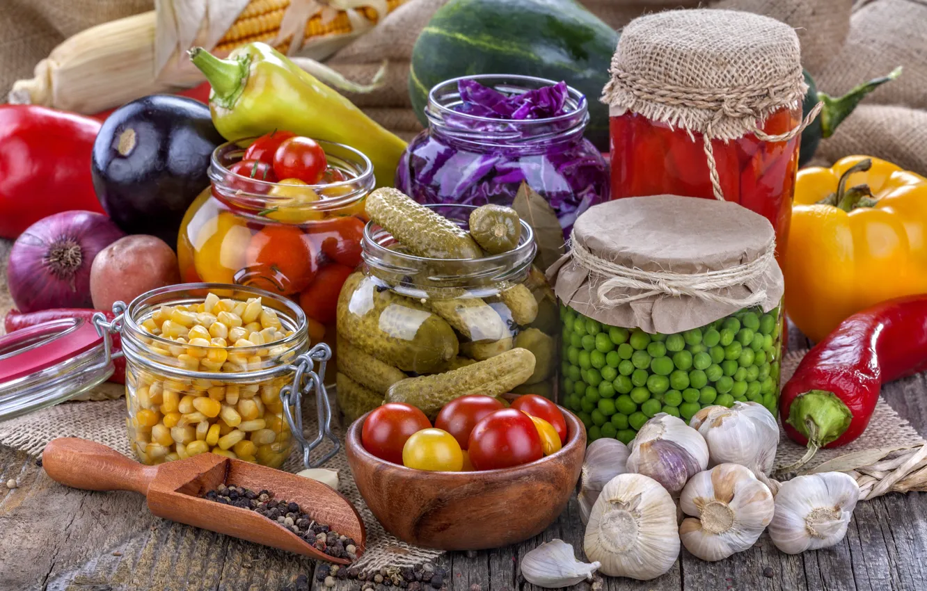Photo wallpaper polka dot, corn, Bank, vegetables, tomatoes, cucumbers, garlic, paprika