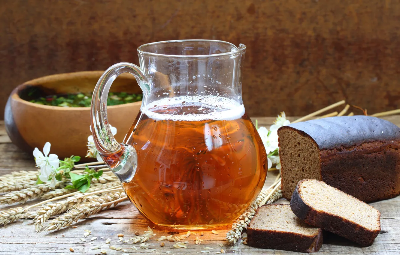 Photo wallpaper spikelets, bread, pitcher, brew