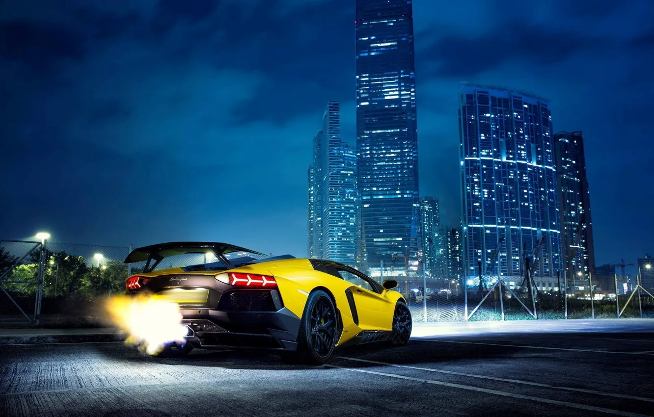 Photo wallpaper Lamborghini, Fire, Night, Yellow, Aventador, Lamborghini Aventador, Building, Backfire