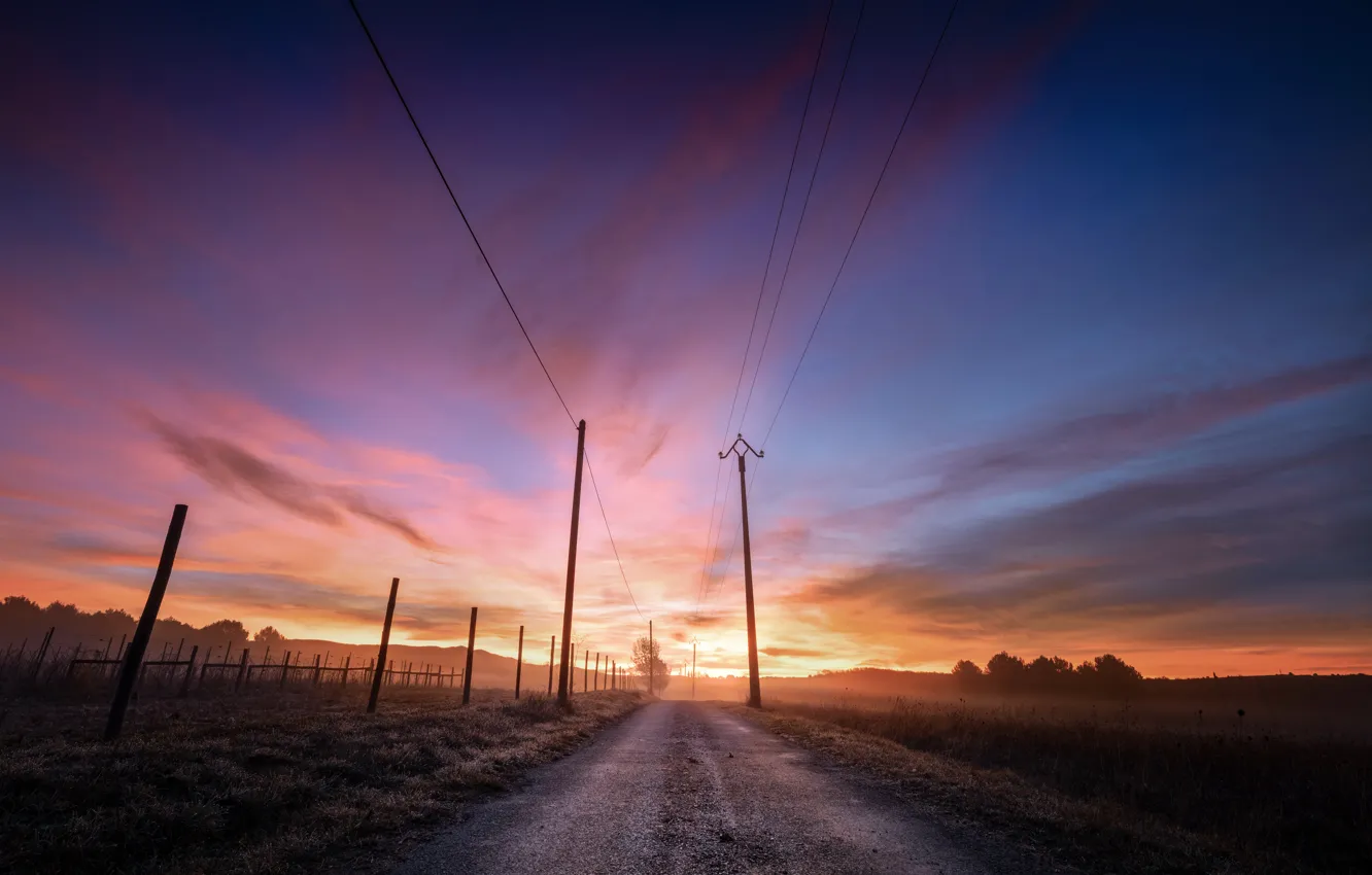 Photo wallpaper road, night, power lines