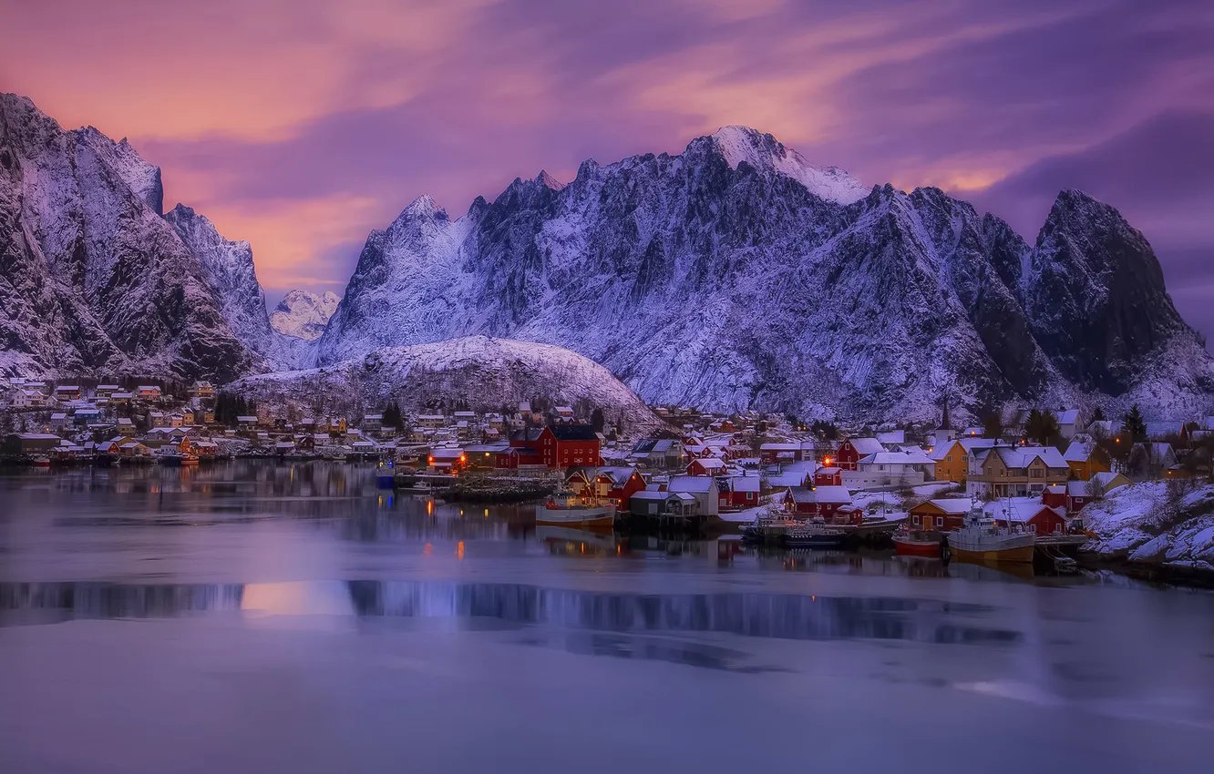 Photo wallpaper winter, landscape, the city, rocks, Norway, the fjord