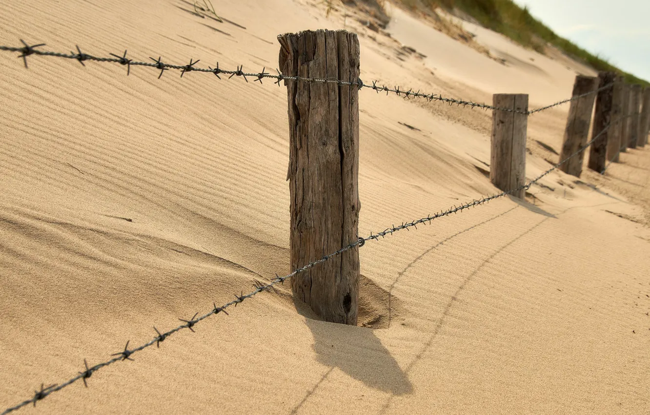 Photo wallpaper sand, the fence, dunes, barbed wire