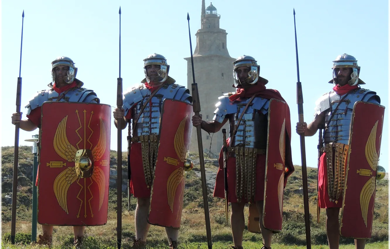 Photo wallpaper grass, hills, tower, sword, armor, helmet, shield, Darts