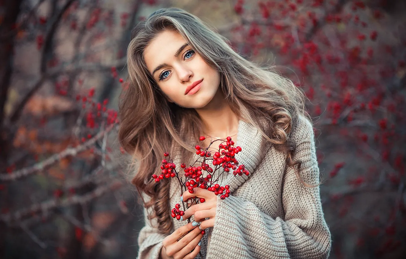Photo wallpaper autumn, look, girl, nature, sweater, Tatiana, hawthorn, Sergey Shatskov