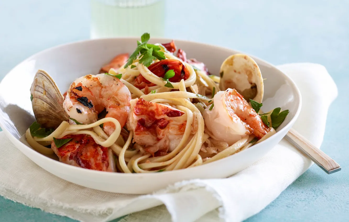 Photo wallpaper plate, spaghetti, shrimp, pasta