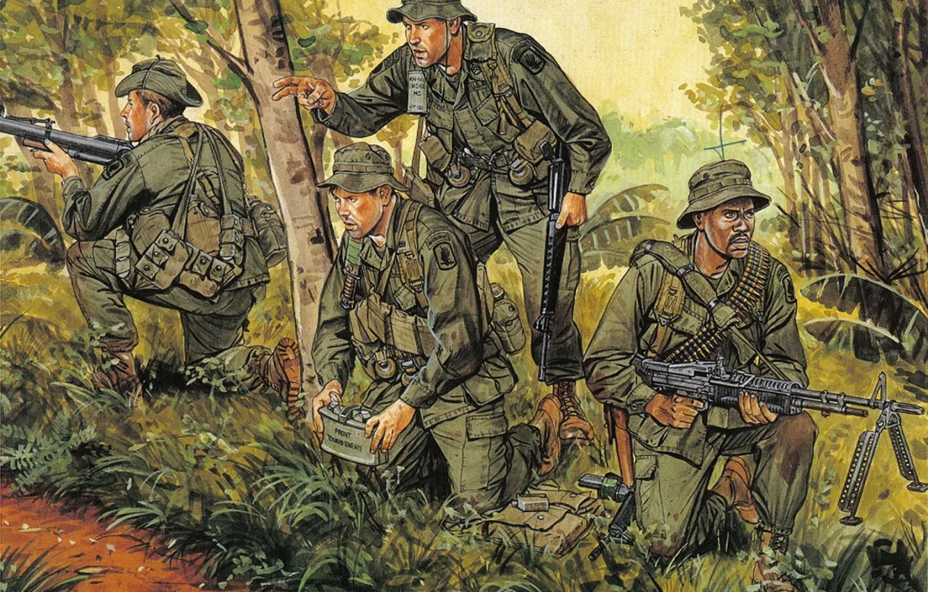 Photo wallpaper figure, jungle, soldiers, USA, Vietnam, rifle, equipment, machine gun