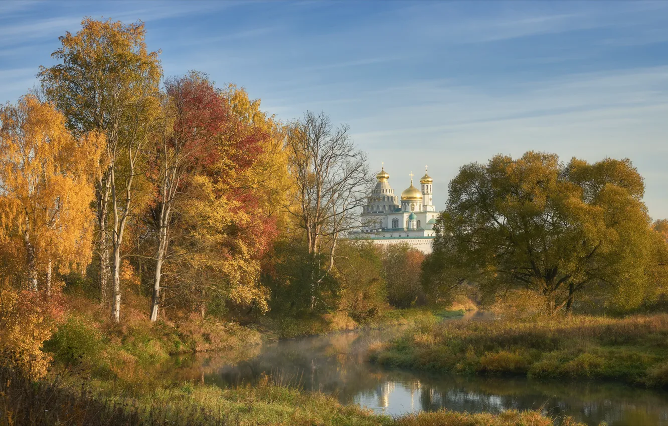 Photo wallpaper autumn, trees, landscape, nature, temple, the dome, the monastery, river