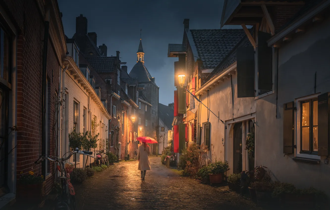 Photo wallpaper girl, street, building, home, lights, Netherlands, night city, Netherlands