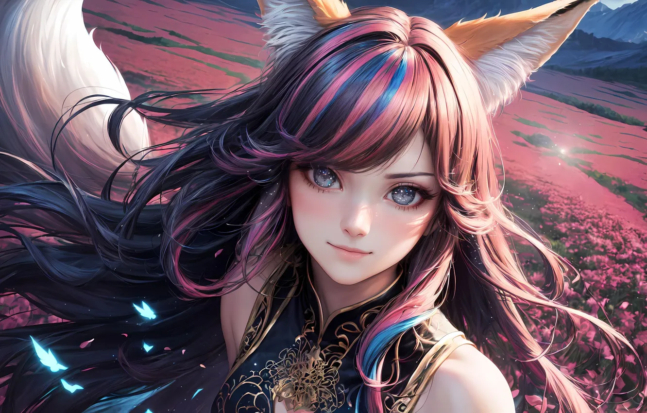 Photo wallpaper field, look, girl, anime, Fox, ears