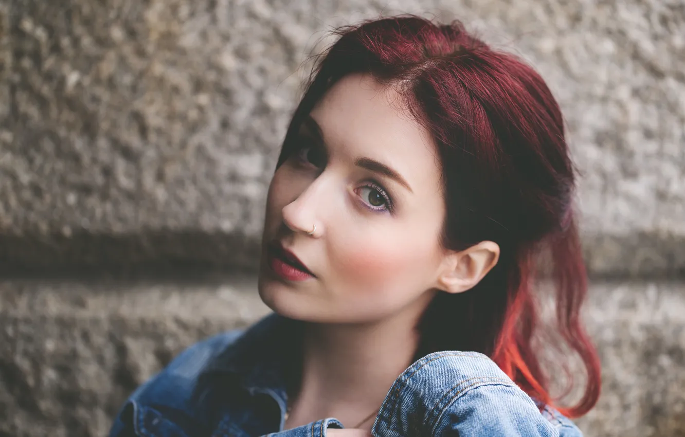 Photo wallpaper girl, face, hair, piercing, red