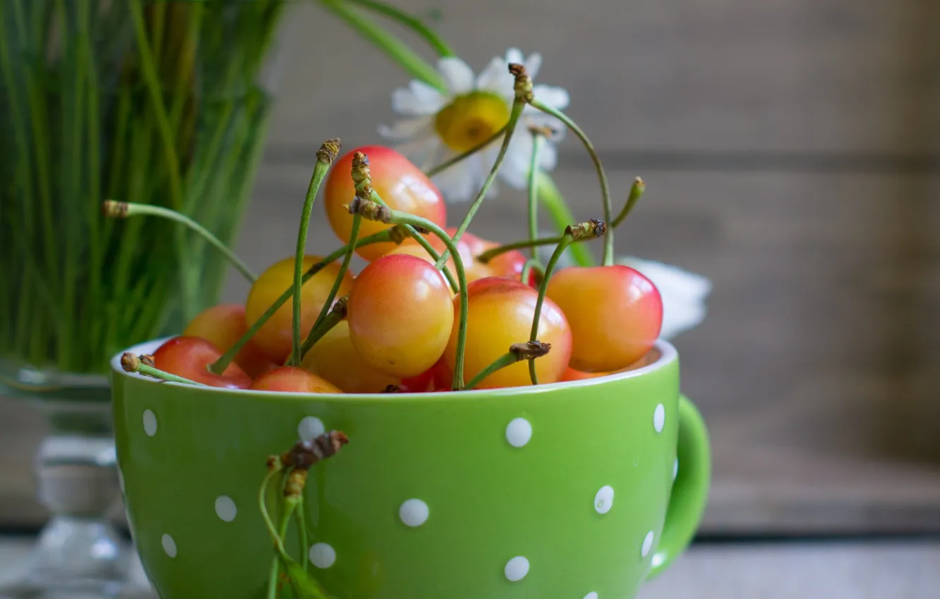 Photo wallpaper flowers, chamomile, mug, yellow cherries