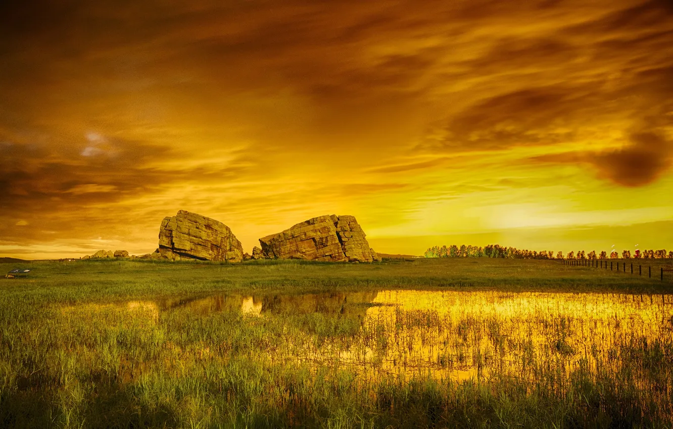 Photo wallpaper the sky, clouds, stones, rocks, swamp, meadow