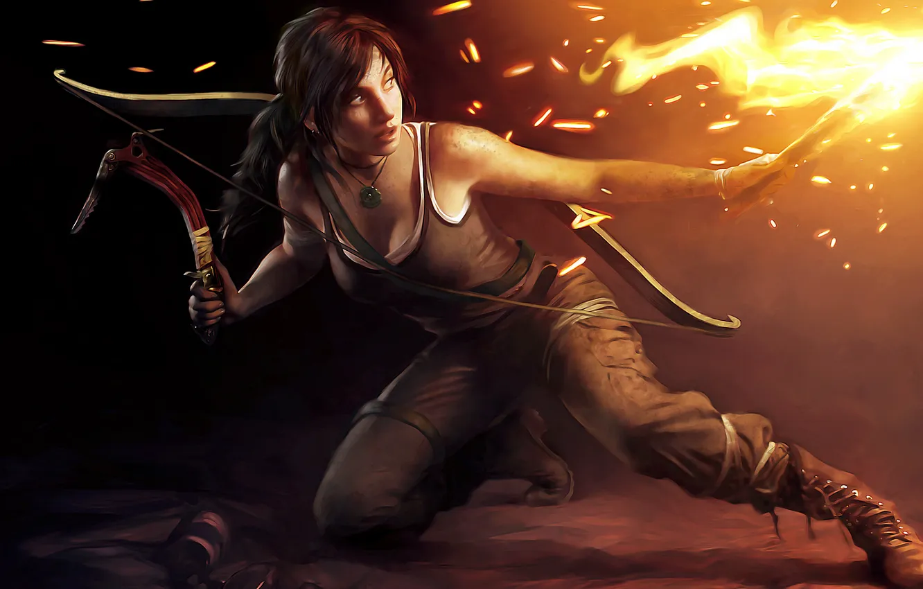 Photo wallpaper girl, darkness, torch, Tomb Raider, cave, Lara Croft, Lara Croft