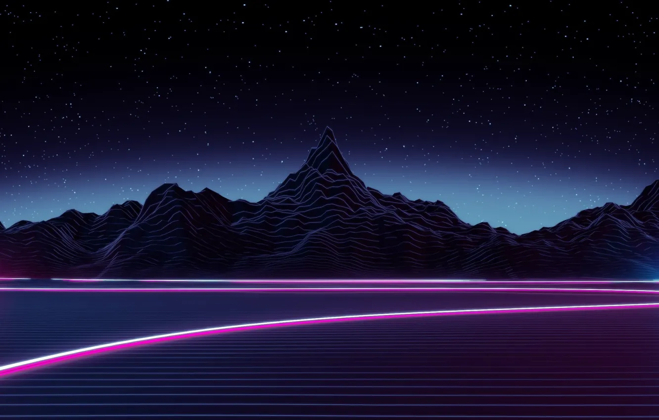 Photo wallpaper mountains, lake, Neon, digital art, hd wallpaper, black mountain wallpaper