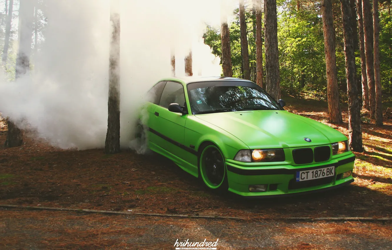 Photo wallpaper green, tuning, bmw, BMW, wheels, drift, forest, smoke