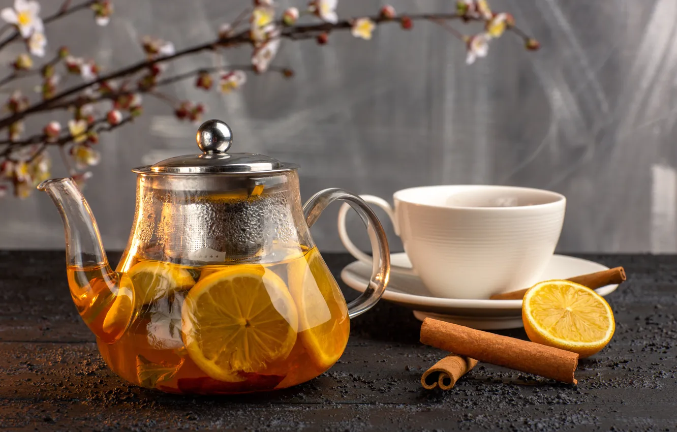 Photo wallpaper glass, branches, table, tea, orange, kettle, the tea party, Cup