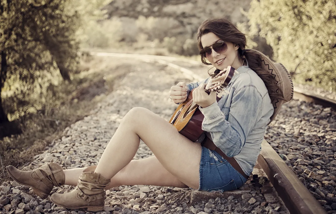 Photo wallpaper girl, music, guitar, railroad