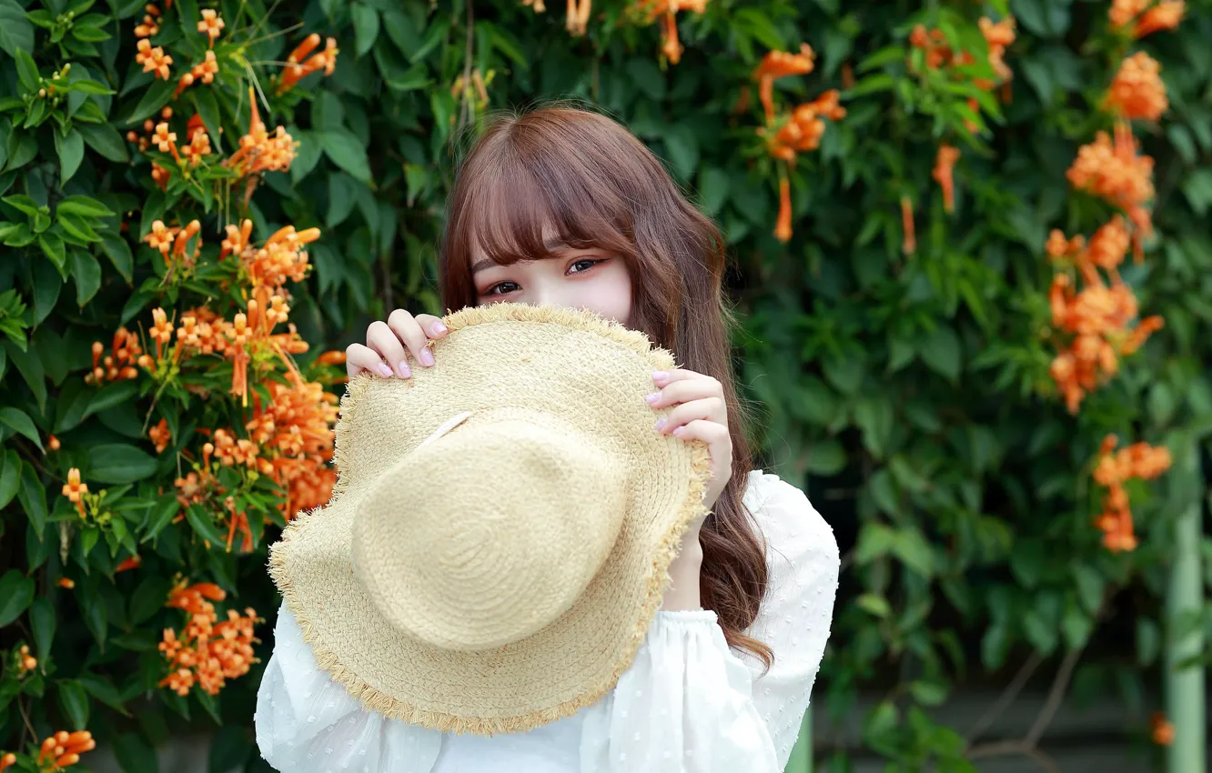 Photo wallpaper look, girl, sweetheart, hat, Asian
