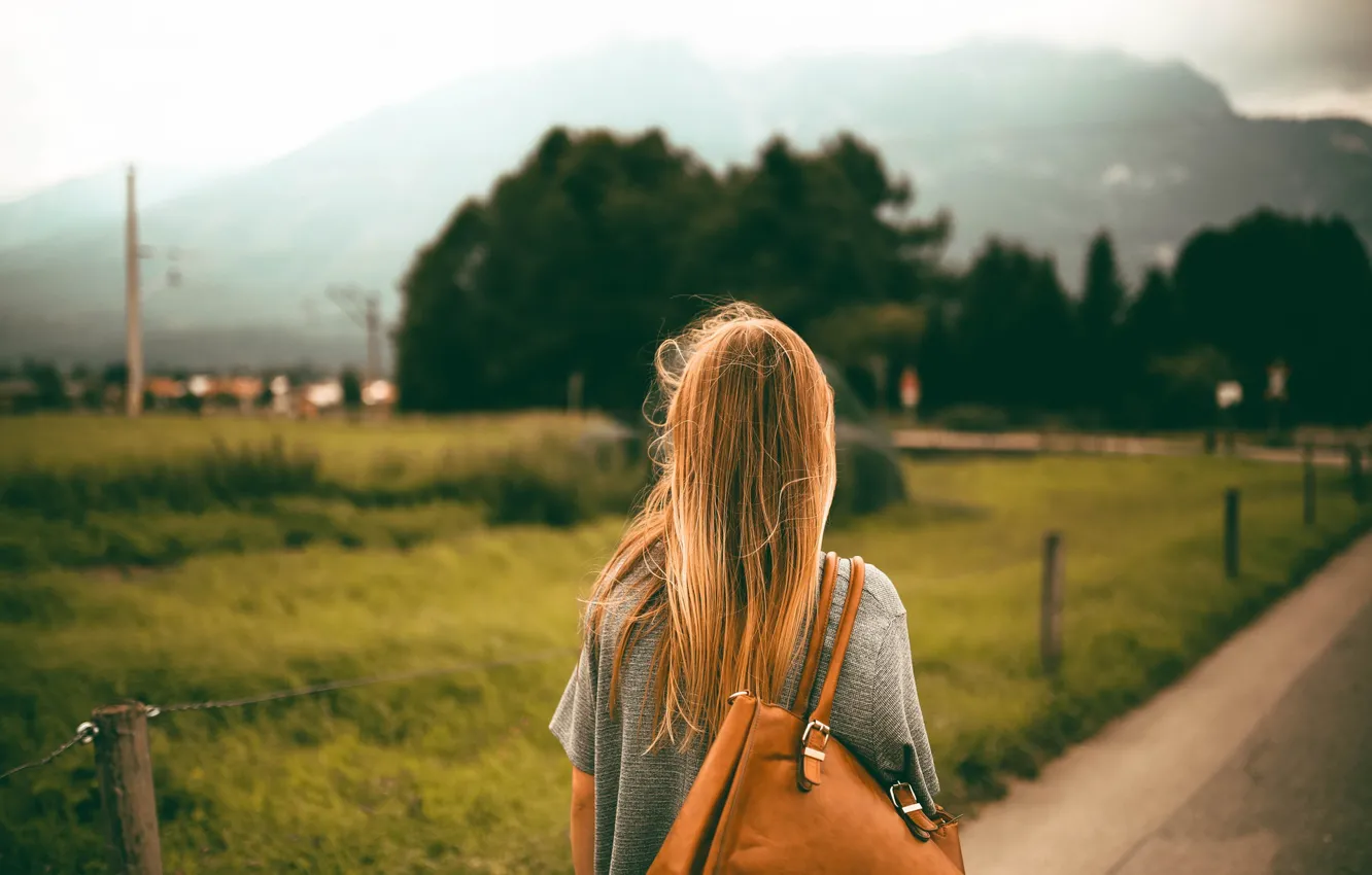 Photo wallpaper road, girl, back, bag