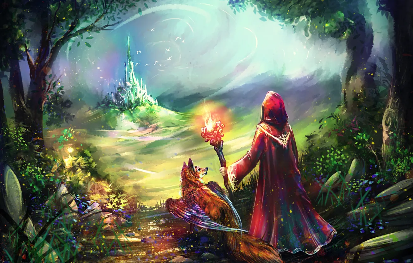 Photo wallpaper nature, castle, animal, bird, people, being, fantasy, art