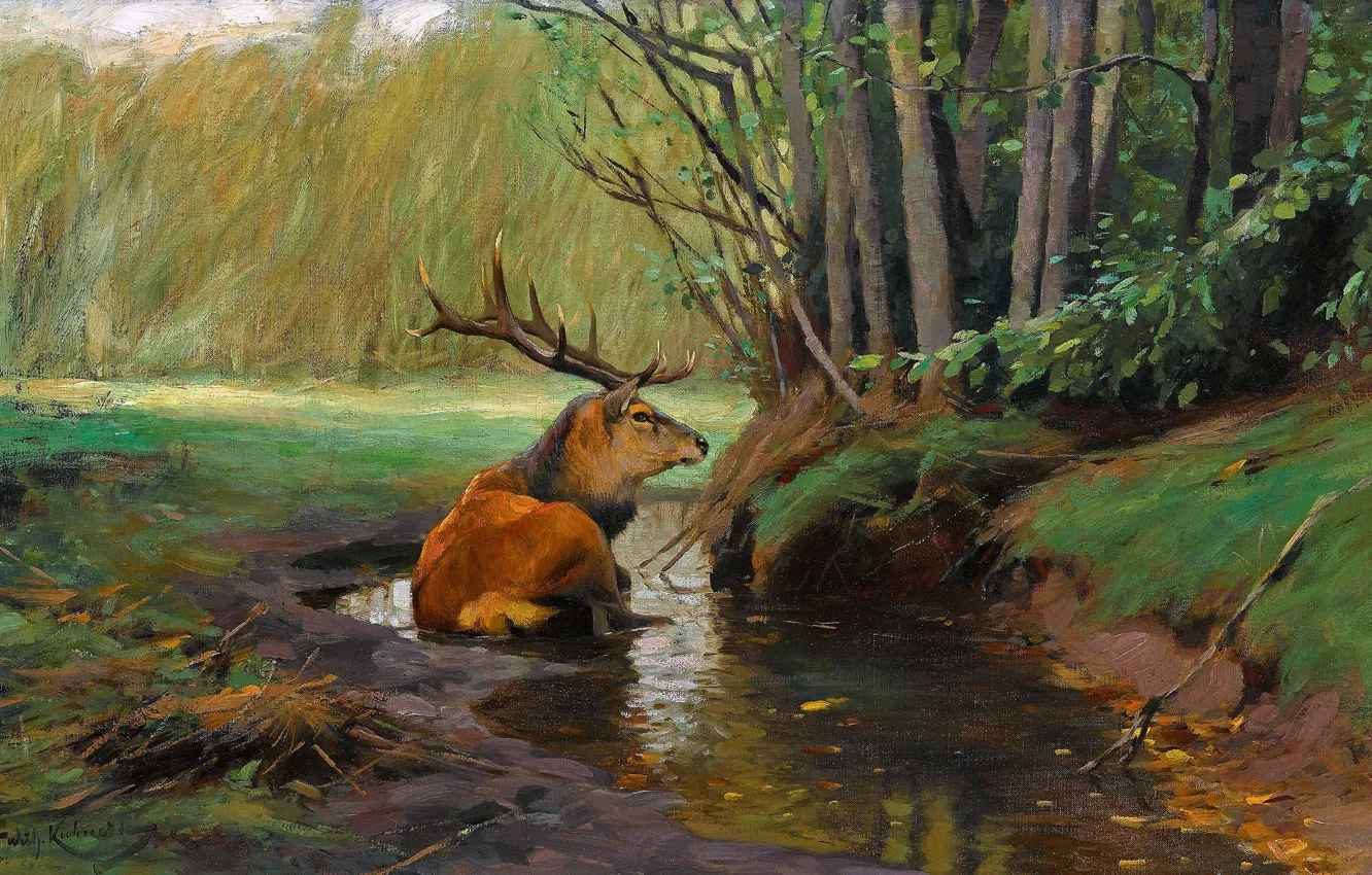 Photo wallpaper trees, picture, deer, puddle, Friedrich Wilhelm Kunert, German painter, Friedrich Wilhelm Kuhnert, Wilhelm Kunert