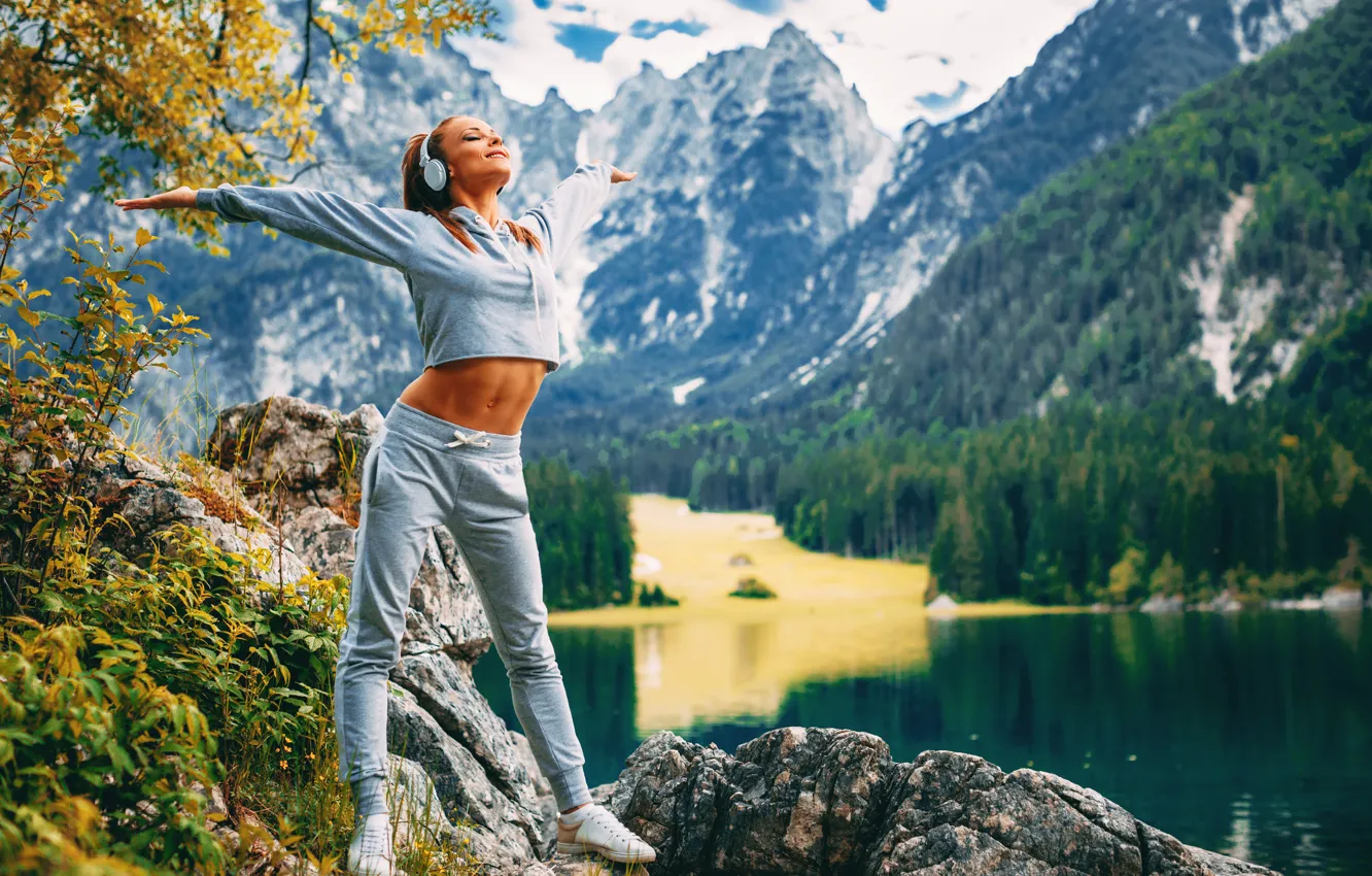 Photo wallpaper girl, mountains, lake, headphones, fitness