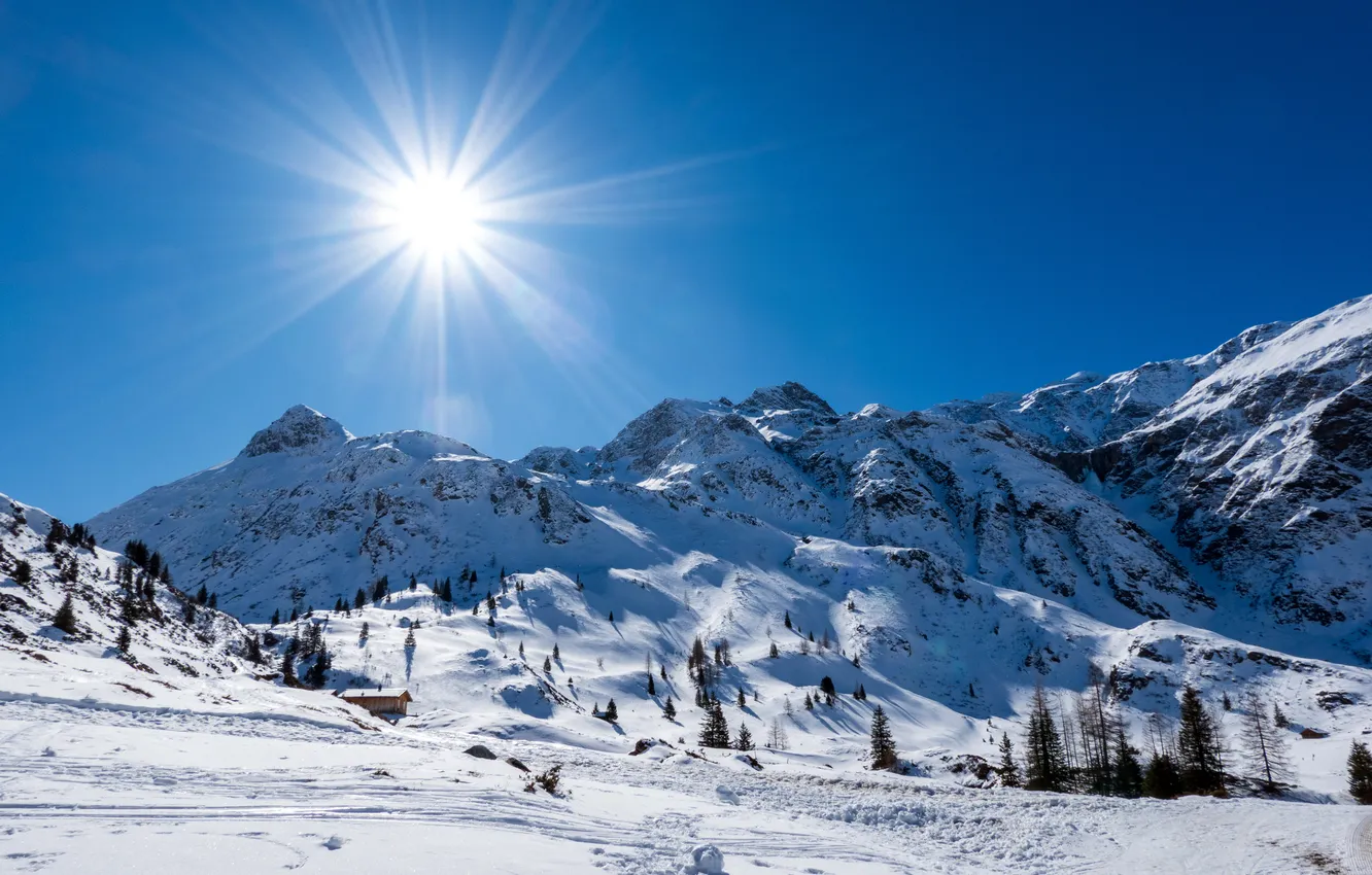 Photo wallpaper the sun, snow, mountains