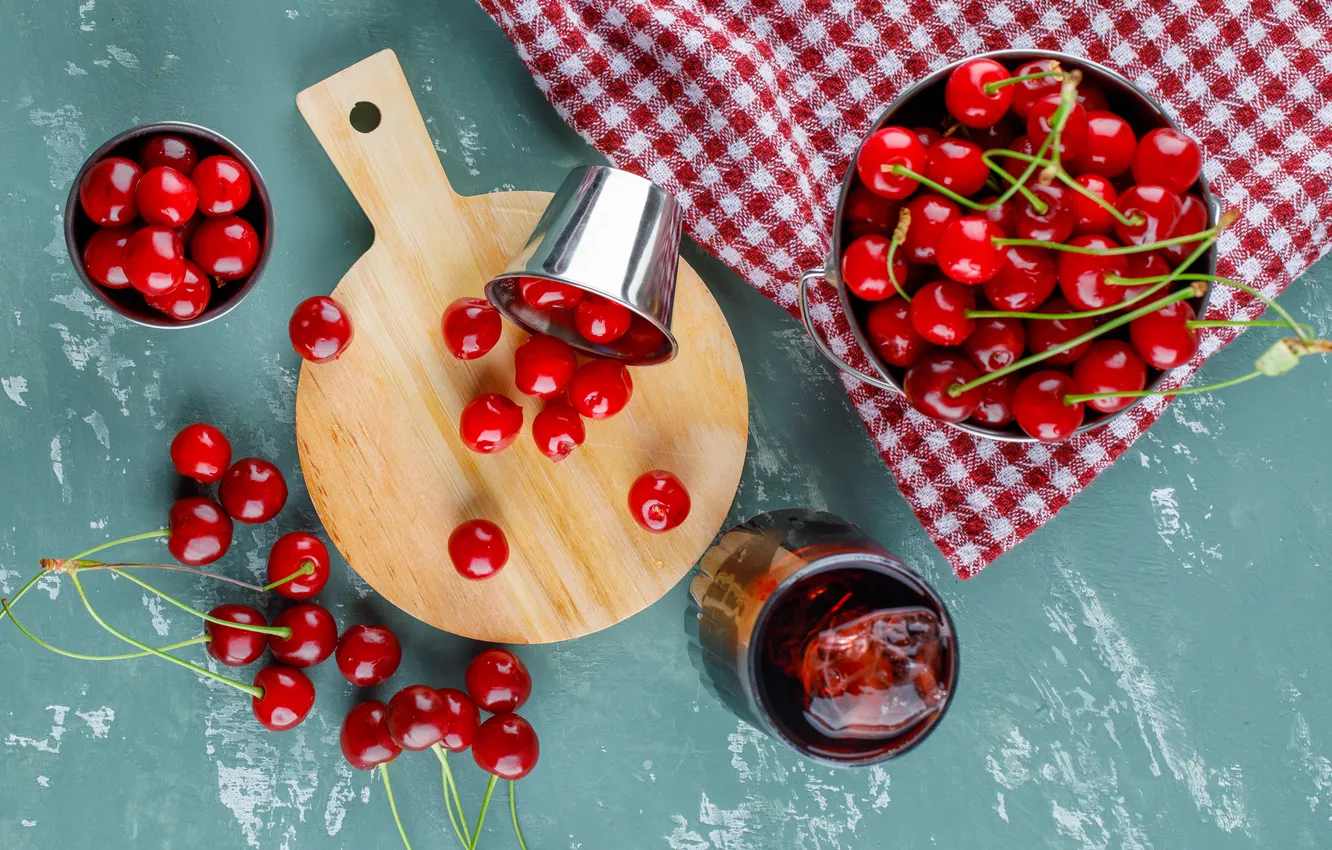 Photo wallpaper cherry, berries, table, towel, Bank, bowl, placer, cherry