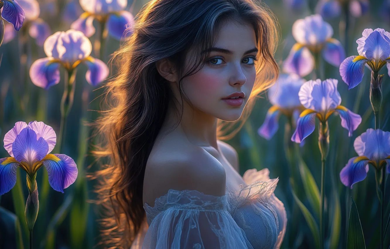 Photo wallpaper look, girl, light, flowers, pose, portrait, spring, garden