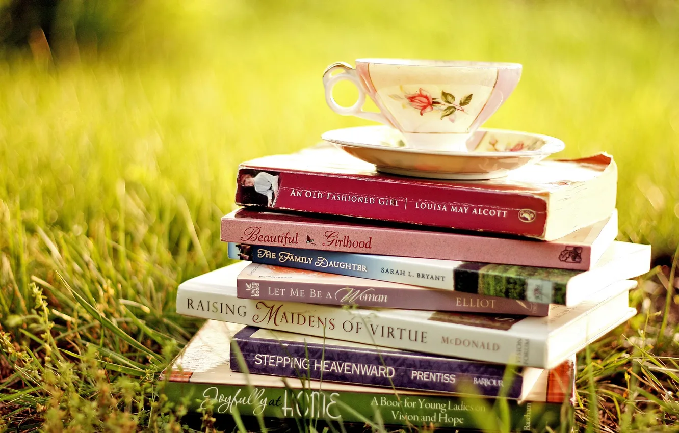 Photo wallpaper grass, books, Cup, saucer