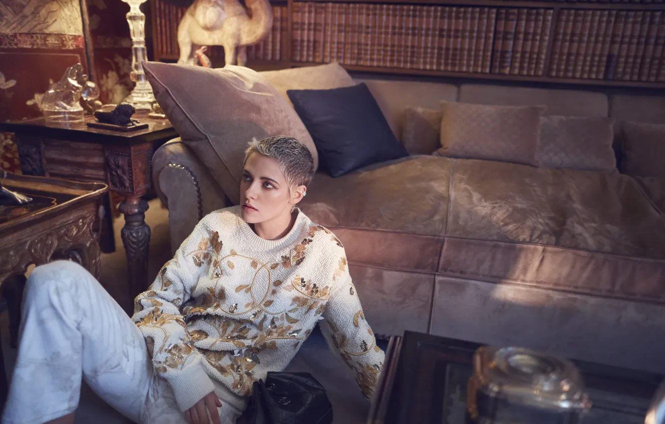 Photo wallpaper Kristen Stewart, hair, interior, look, sofa, actress