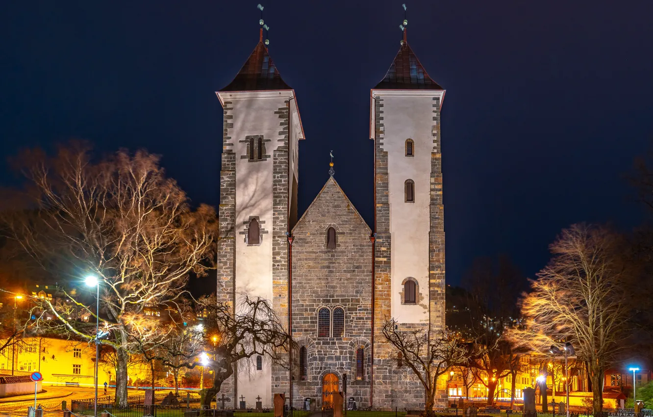 Photo wallpaper trees, night, lights, home, area, Norway, lights, Church