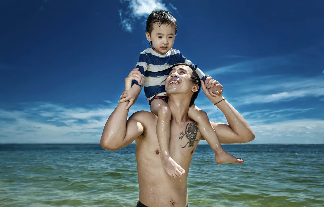 Photo wallpaper sea, the sky, mood, father, son