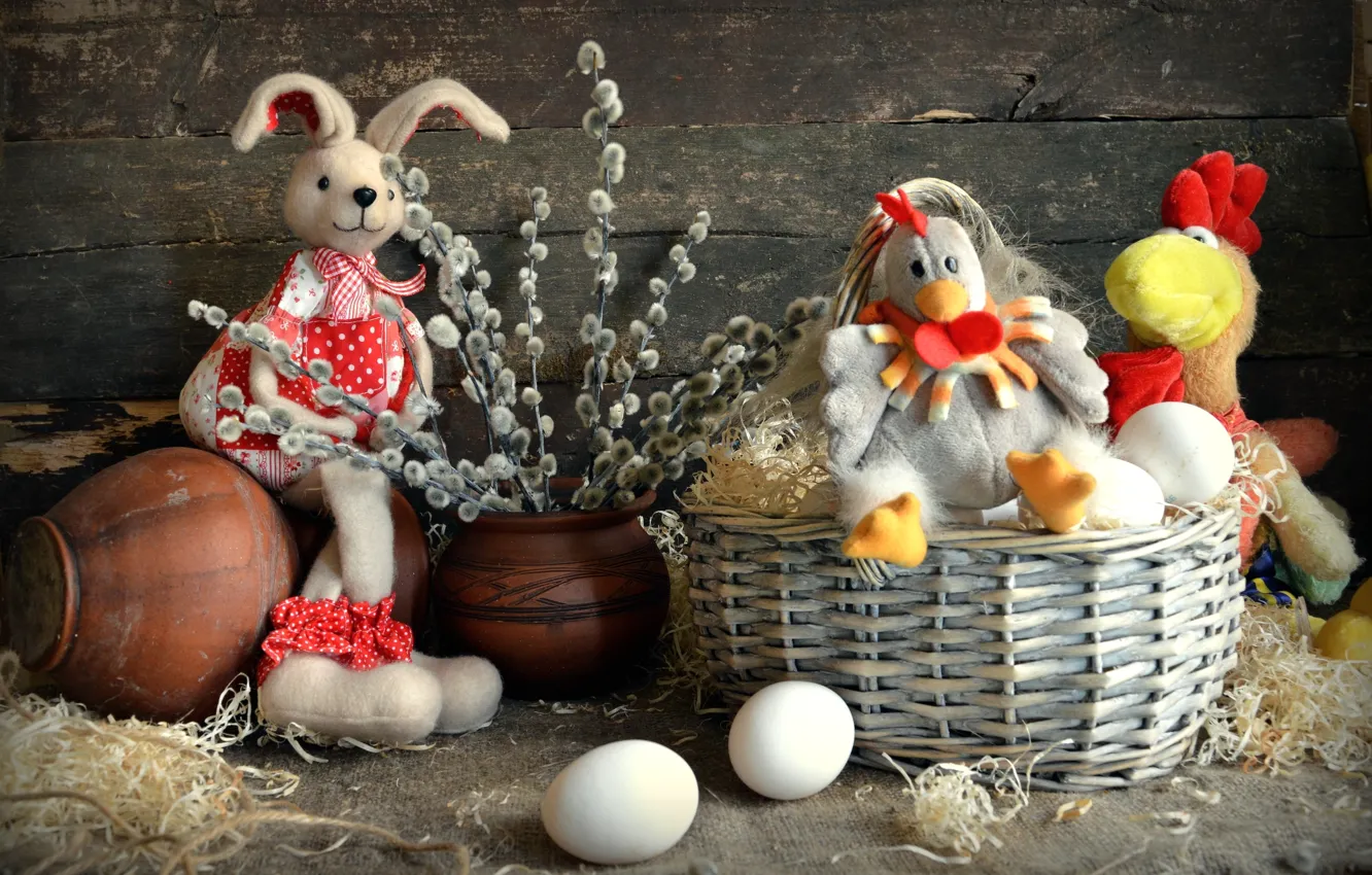 Photo wallpaper toy, eggs, chicken, rabbit, Easter, basket, Verba