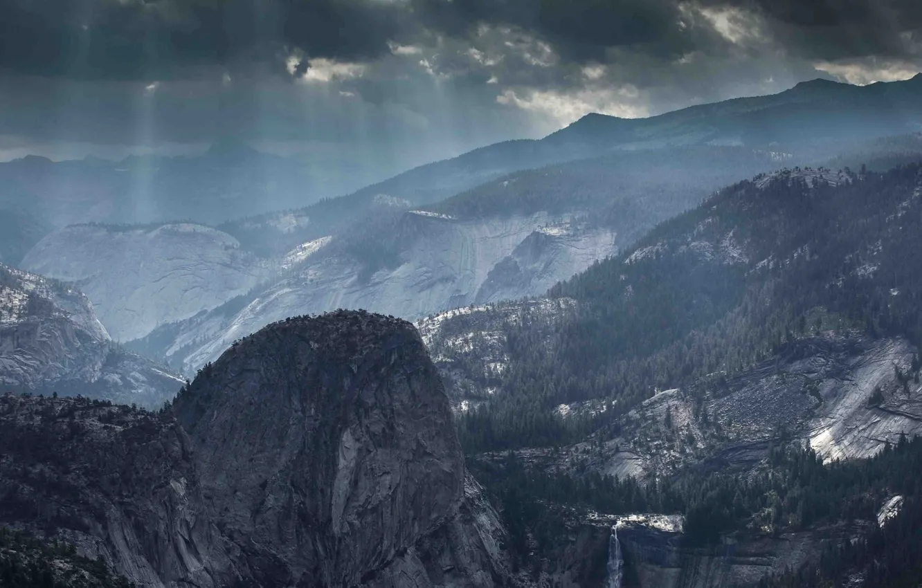 Photo wallpaper the sky, clouds, snow, trees, mountains, clouds, nature, rocks