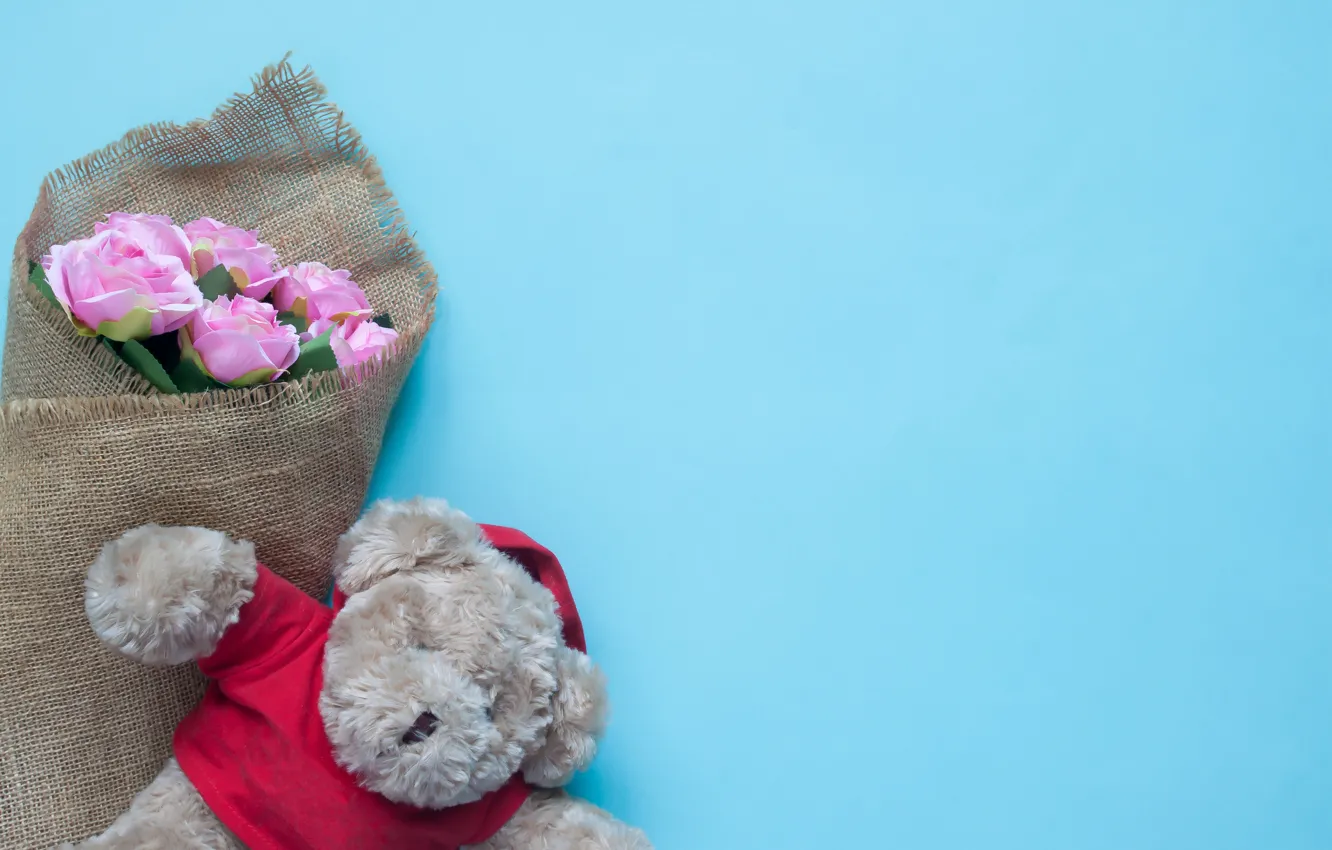 Photo wallpaper toy, roses, bear, love, bear, pink, romantic, teddy