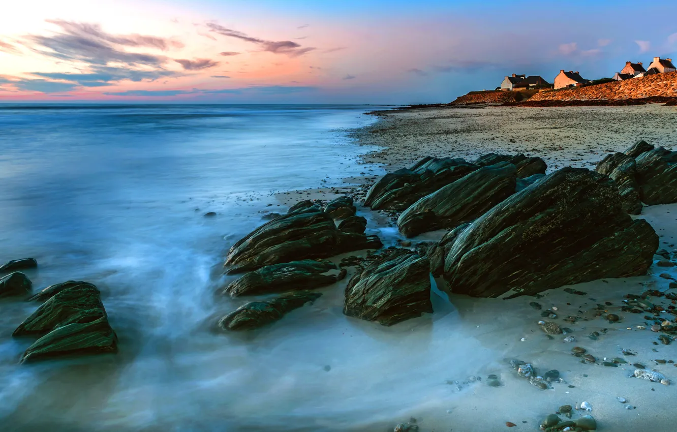 Photo wallpaper sea, beach, the sky, clouds, light, pebbles, stones, shore