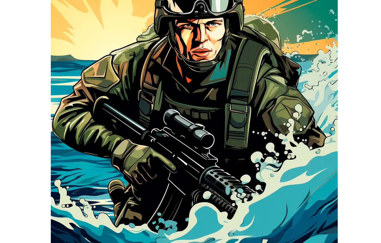 Photo wallpaper water, art, glasses, soldiers, machine, male, helmet, digital art