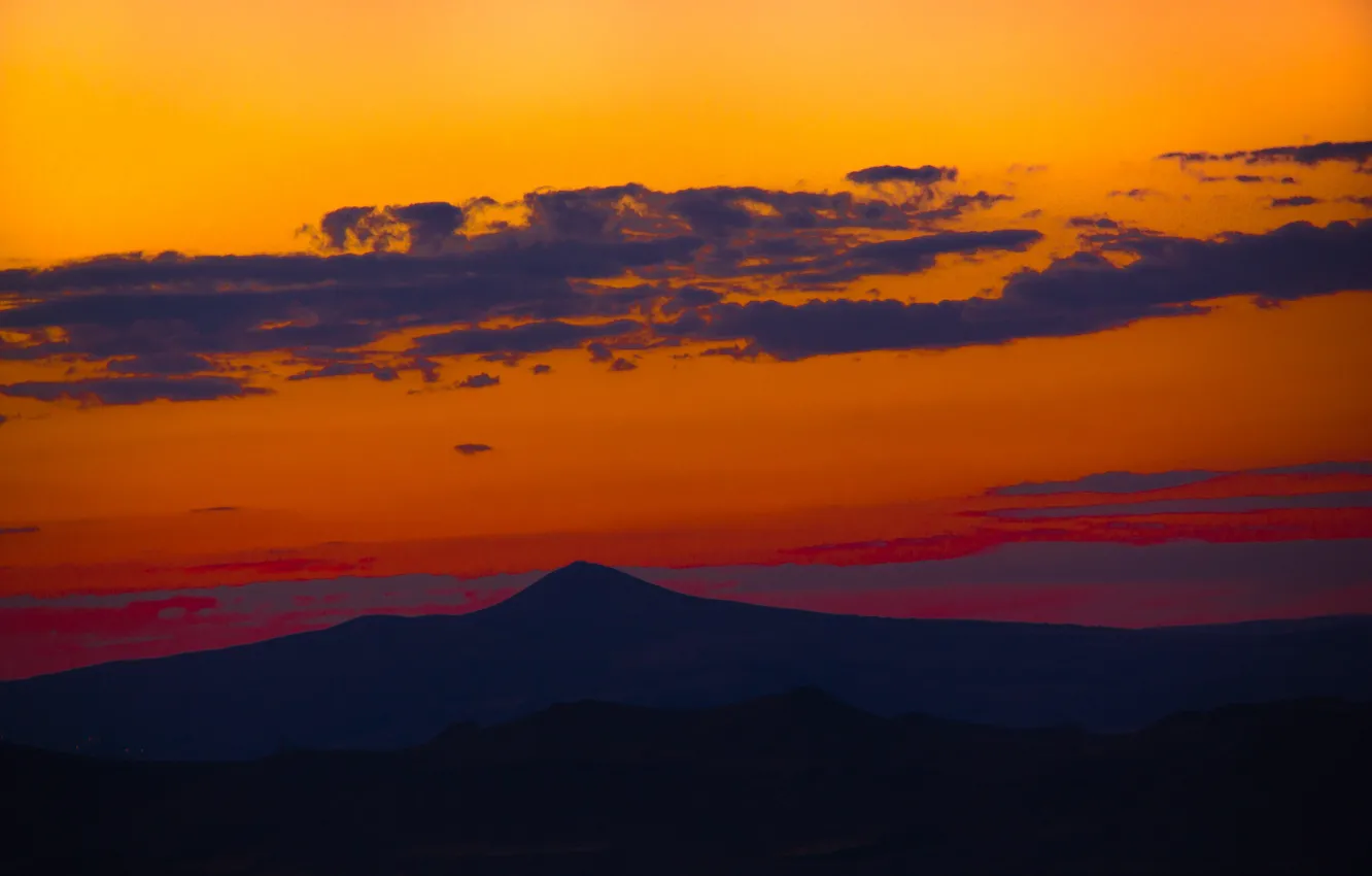 Photo wallpaper mountains, sunrise, silhouettes