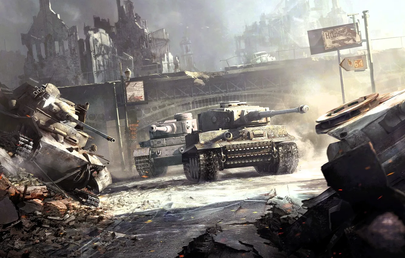 Photo wallpaper the city, war, street, the ruins, tank, World of Tanks