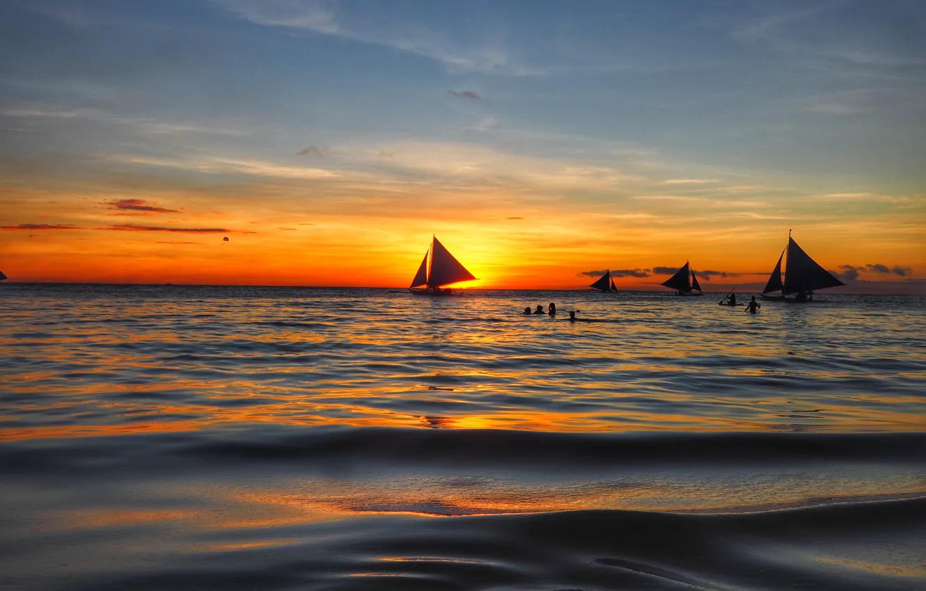 Photo wallpaper sea, wave, beach, summer, the sky, sunset, shore, sailboat