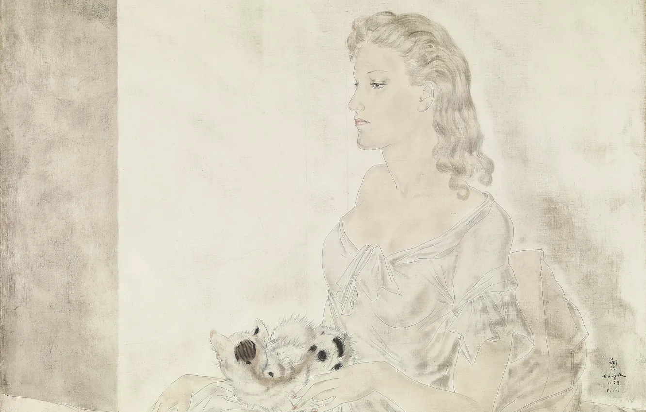 Photo wallpaper oil, ink, canvas, 1939, Modern, Tsuguharu, Fujita, A woman with a kitten