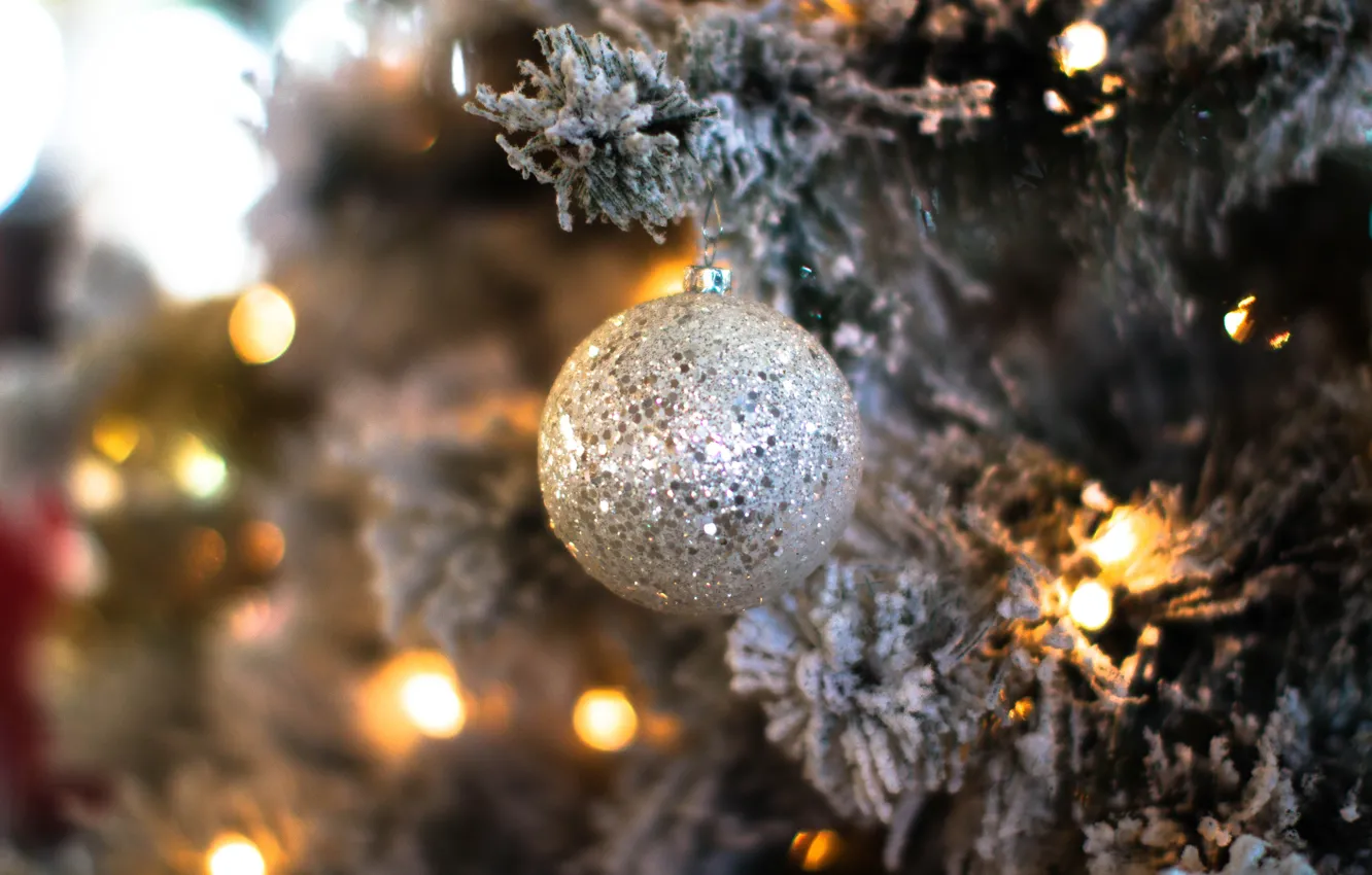 Photo wallpaper winter, frost, balls, light, branches, holiday, balls, toy