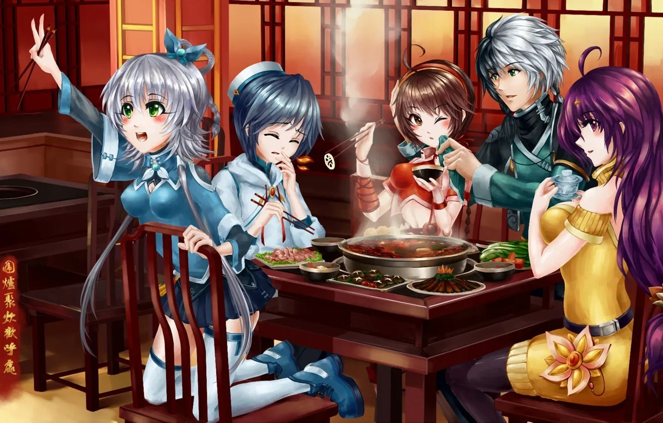 Photo wallpaper girl, emotions, table, food, art, cafe, guy, vocaloid