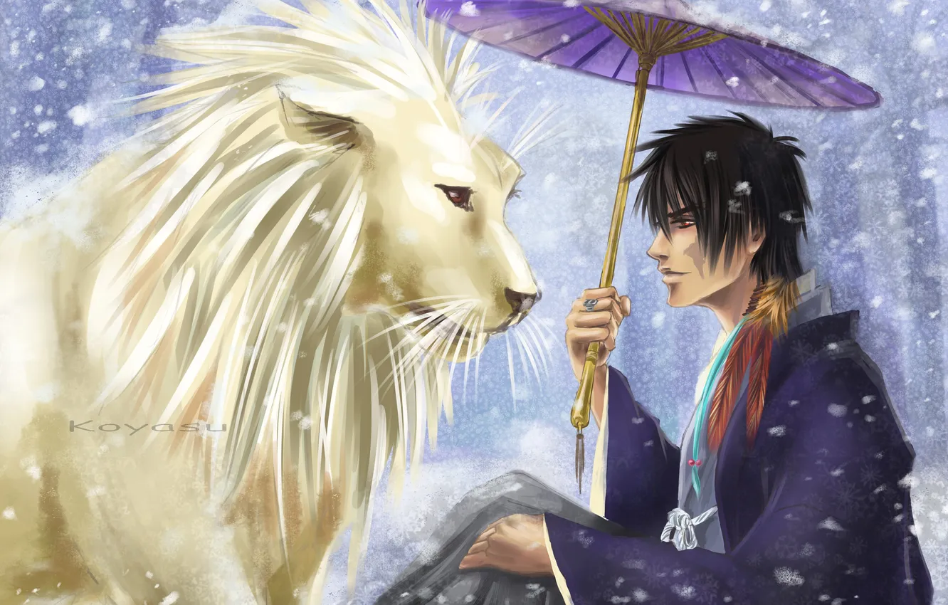 Photo wallpaper snow, Leo, umbrella, anime, feathers, art, guy, Katekyo Hitman Reborn