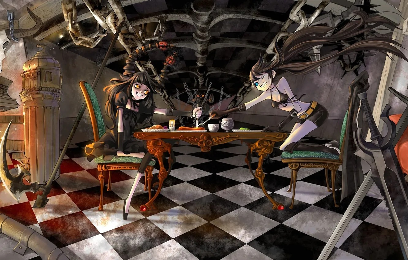 Photo wallpaper weapons, table, skull, sword, chain, knife, horns, braid