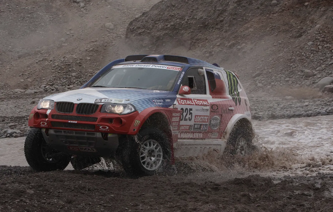 Photo wallpaper water, squirt, BMW, The hood, SUV, the front, Rally, Dakar